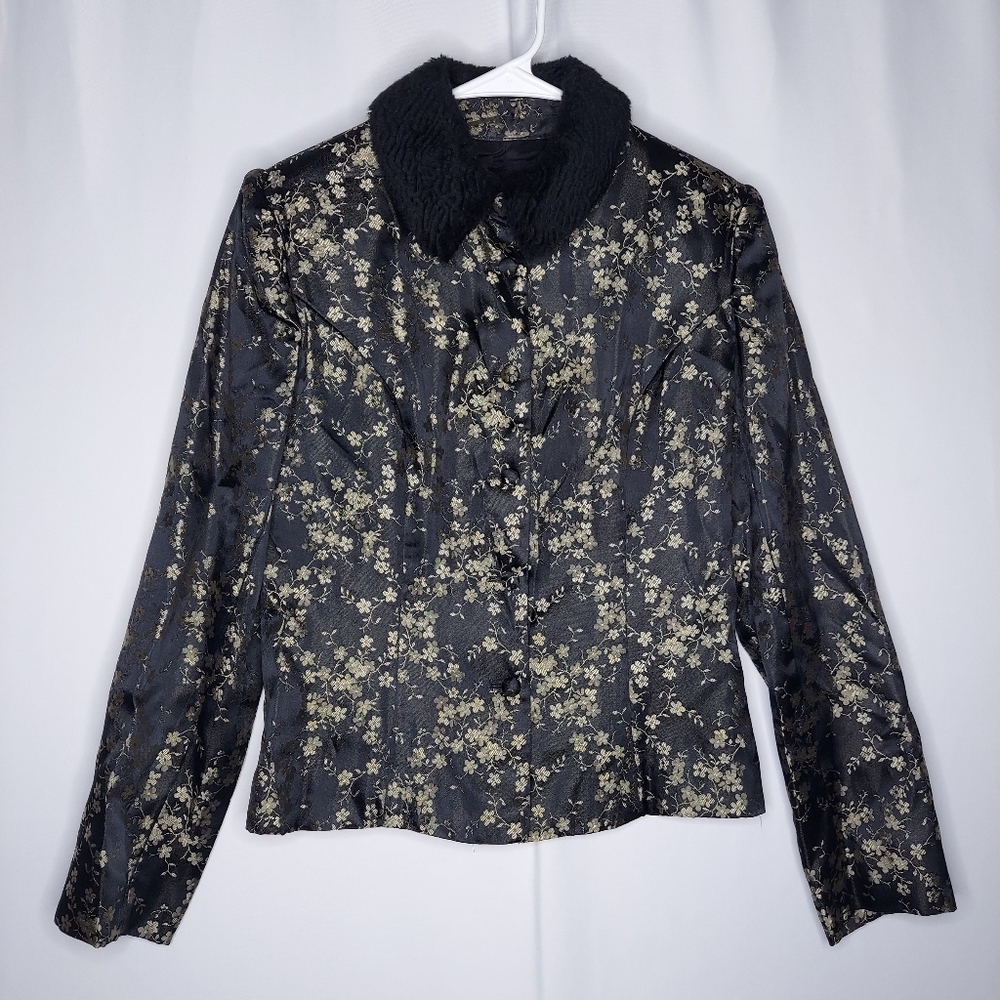 Scott McClintock Jacket 8 Women Y2K Faux Fur Collar Black Gold Floral Button‎
